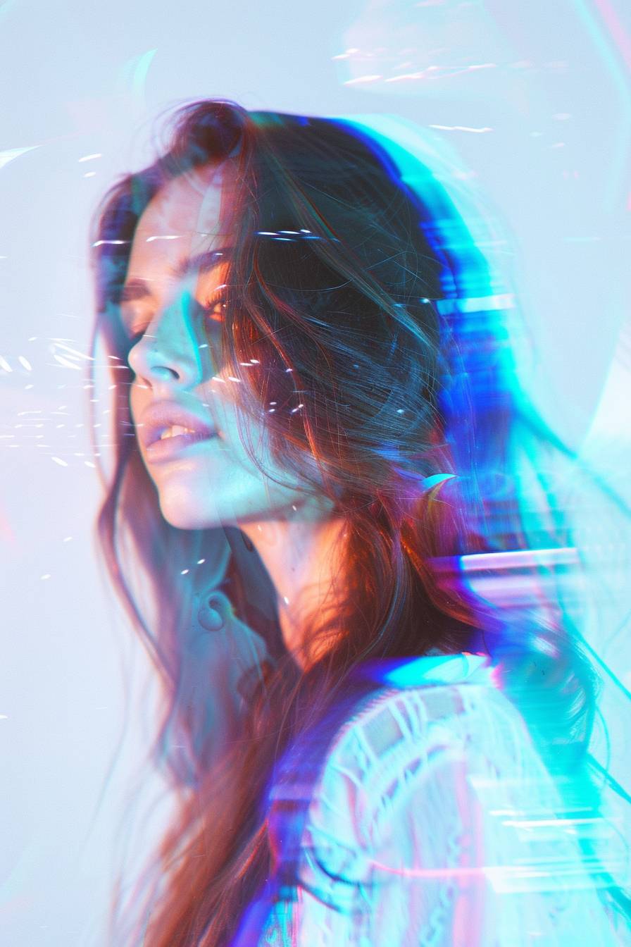 Portrait of a beautiful girl with long hair, featuring a glitch effect and double exposure, set against a light white background with surrealistic fashion elements, highlighted by white and blue tones, vibrant neon lights, and a cinematic, futuristic ambiance.