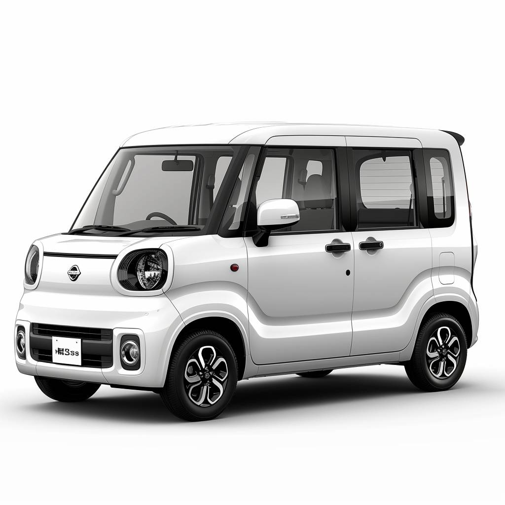 A white masculine K-shaped light van set against a pure white background. Designed in a Japanese style, it features four doors, rear seats for two, black wheel rims, and small headlights. The vehicle has a rounded front end, resembling a Nikon D850 DSLR camera. The car's body includes a sleek roofline and large windows, creating a clear detail and distinctive design, making it stand out as part of my perfect minivan design. --ar 1:1 --style raw --stylize 50  --v 6.0