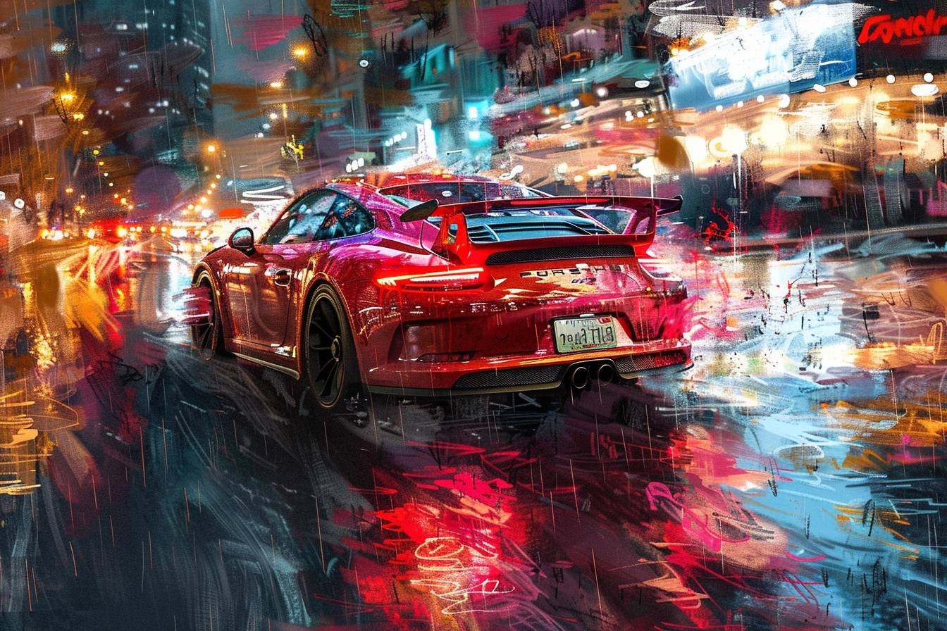 Porsche GT3 in Impressionist style, featuring crimson and gold light effects