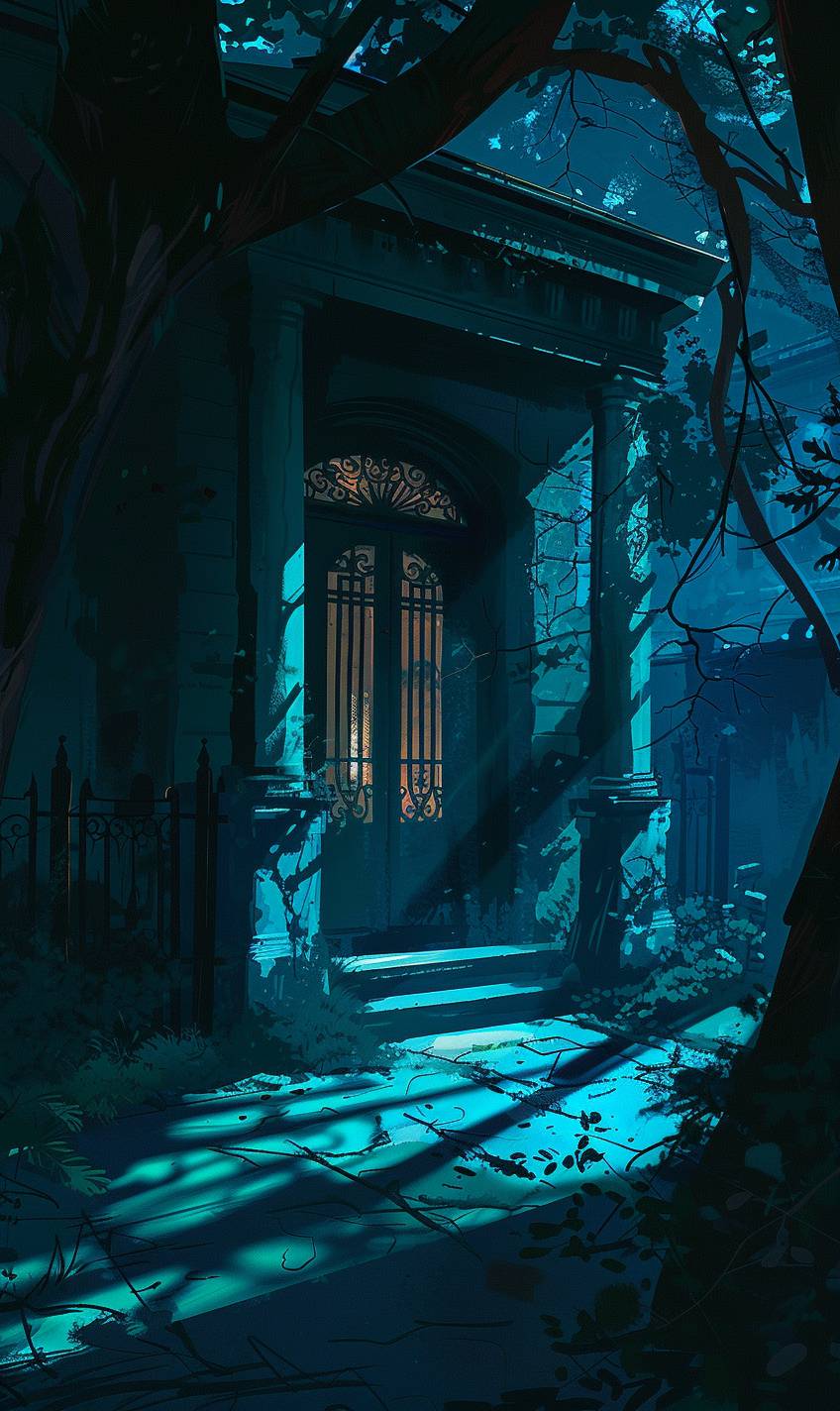 In the style of sparth, a haunted mansion with creaking doors and shadows