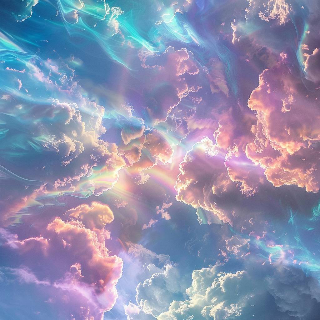 [SUBJECT] in Euphoric Embrace, an uplifting moment in iridescent clouds with glimmers of radiant rainbow colors shimmering brilliantly [COLOR] --v 6.0