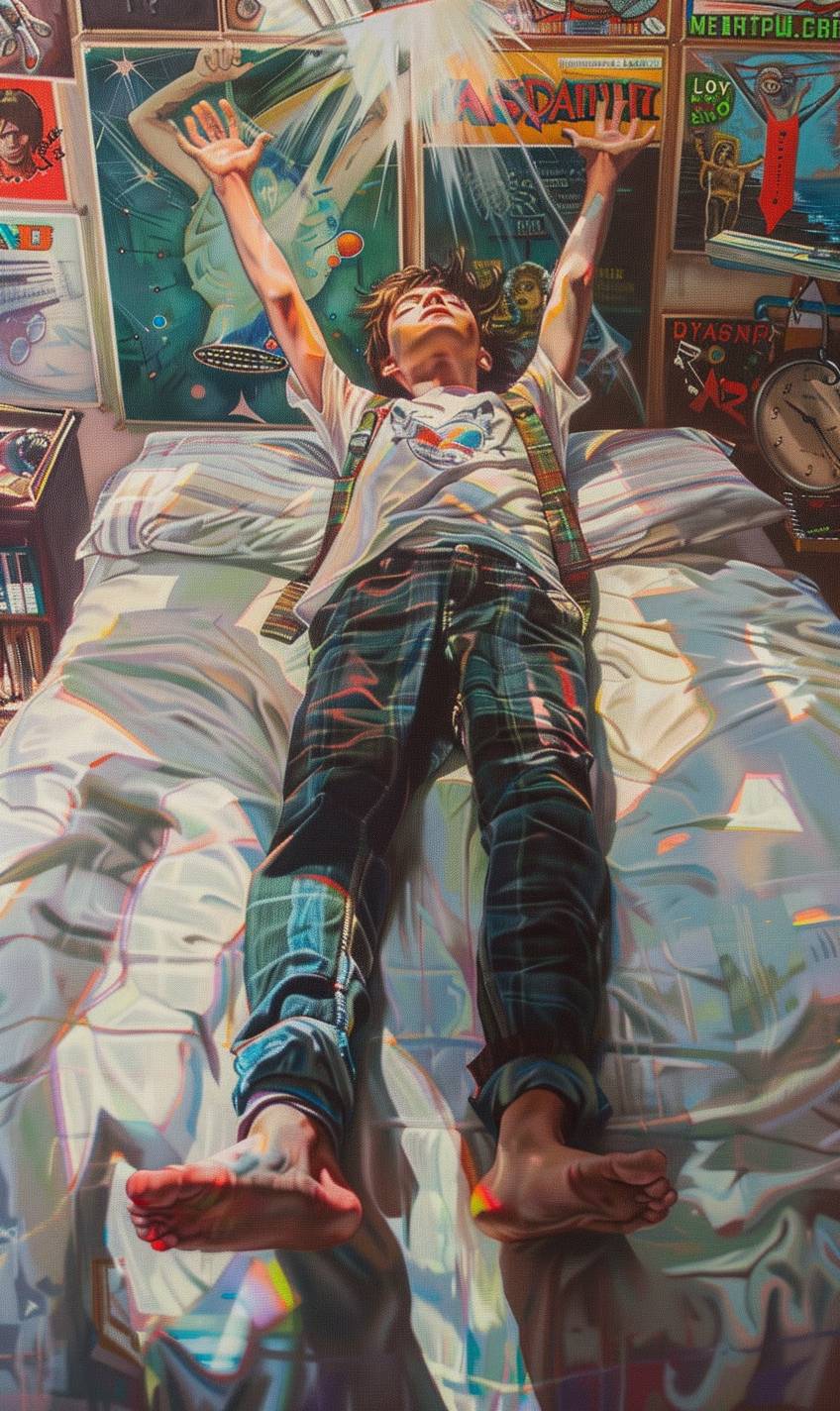 メキシコの16歳の少年がベッドに横たわって浮遊し、デヴィッド・ボウイやカイファンのロックポスターでいっぱいの部屋で幽体旅行をしています。彼の魂が身体を離れており、リアルな明るい光とパステルトーンのシーンです。--ar 3:5  --v 6.0
