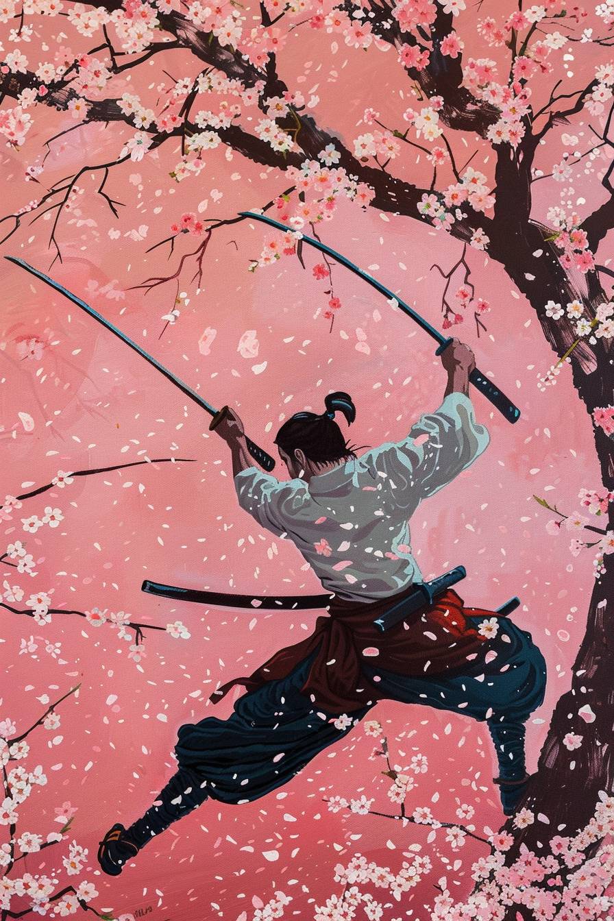 アンリ・ルソー風のスタイルで、武士戦士が桜の木の下でスキルを磨いています