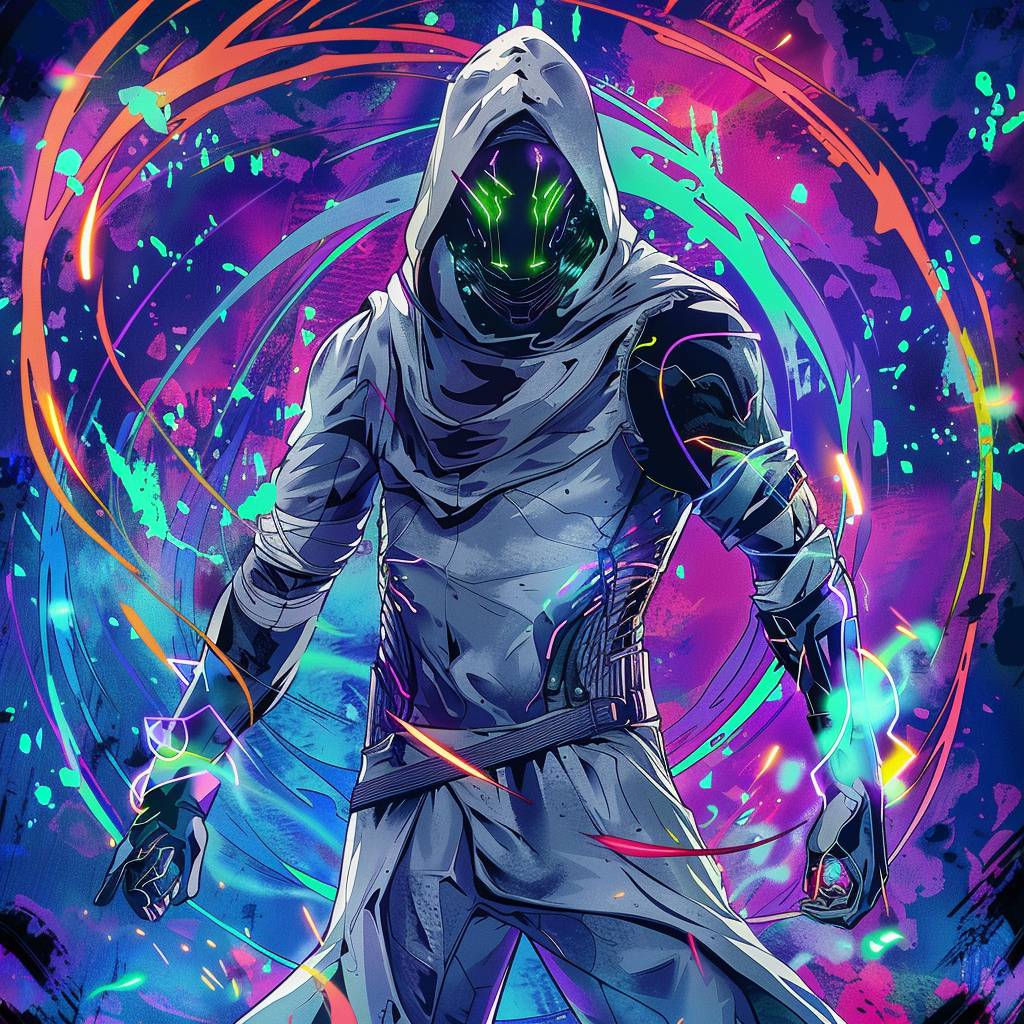A mysterious male hooded assassin with a silver mask and glowing neon green eyes stands stoically in the center of a hypnotic swirl of electric lights, evoking a dynamic Anime art style with sharp lines, vibrant colors, and intense shadows, creating a sense of intrigue and danger.