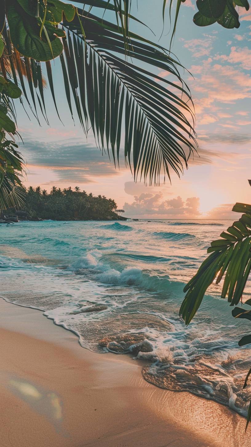 A photograph of a paradise island at dawn, with a sandy beach and an azure ocean. The scene is imbued with a sense of bliss, tranquility, and wild, pristine beauty. The first light of the day casts a golden hue over the beach, with gentle waves creating a soothing rhythm. Palm trees and tropical plants frame the view, and the sky is a blend of soft pinks and oranges. The overall atmosphere is calm and enchanting. Created Using: Nikon D850, golden hour photography, natural light, soft focus, wide-angle lens, pastel colors, HDR, beach landscape.