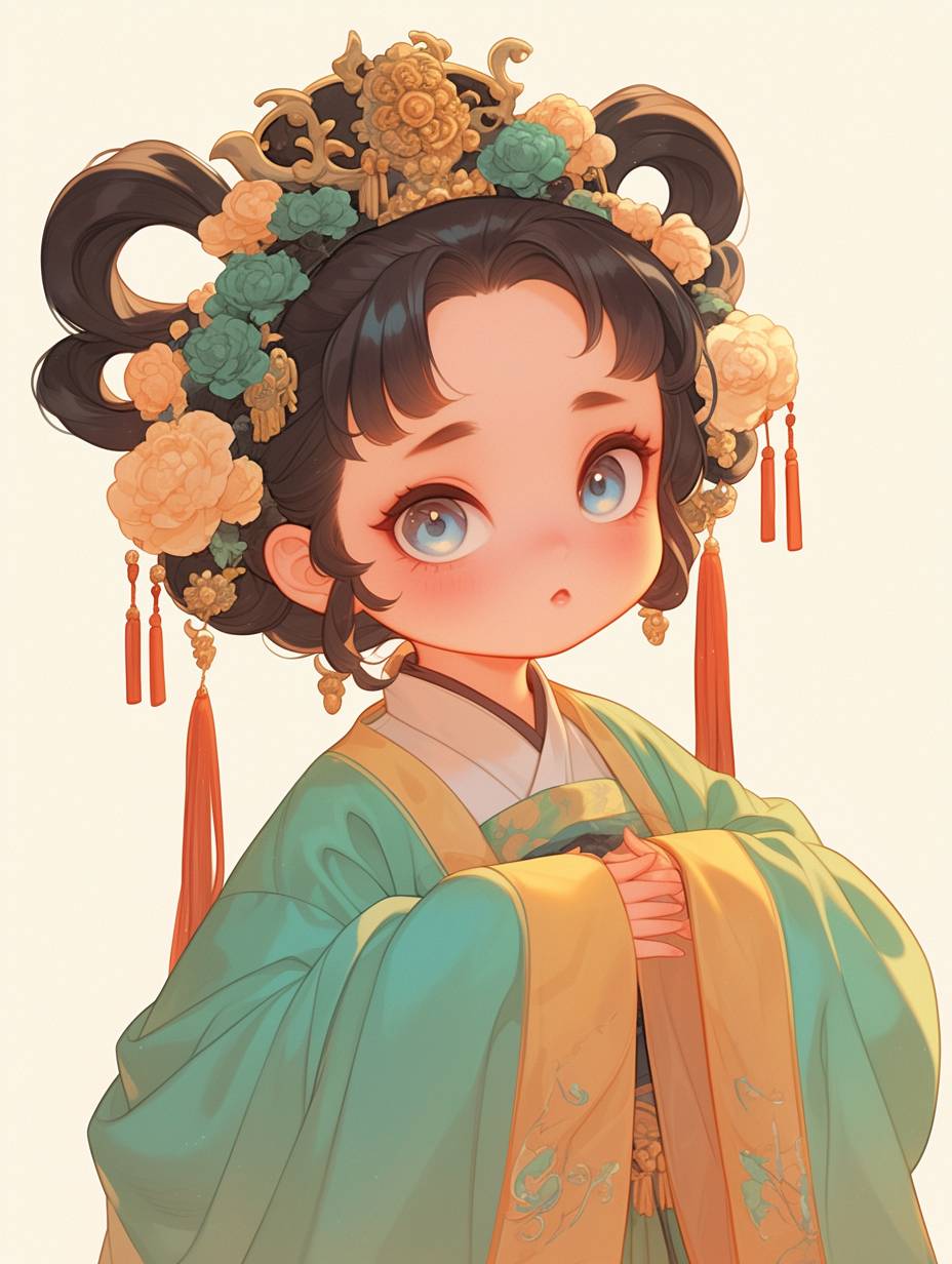 唐代の少女、可愛らしいカートゥーン風のベクターイラスト、丸顔の赤ちゃんらしい愛らしさ、牡丹の髪飾り、柔らかな光と夢見るような雰囲気、ターコイズグリーンとライトイエローの色合い、敦煌の衣装、伝統的な中国文化の魅力を表現。