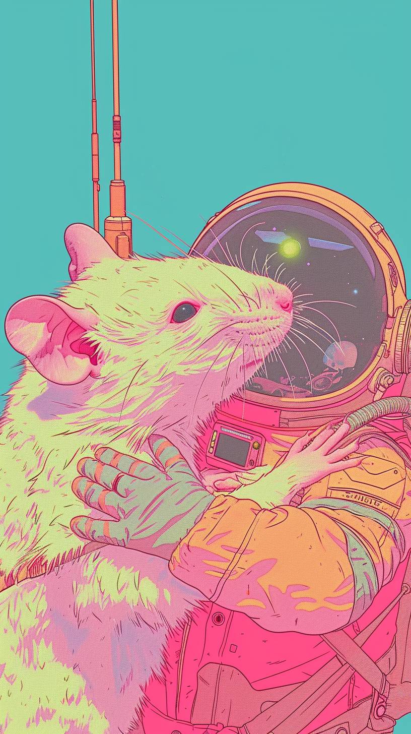 Design two astronaut hamsters hugging each other, in synthwave anime style, with a 9:16 aspect ratio, personalized with code 181hk7v, stylize intensity of 500, and version 6.0.