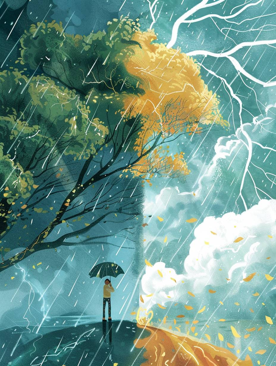 治癒的なスタイルのイラストは、嵐の中で傘を持つ1人の人物を描いており、雨空と遠くの雷をバックグラウンドに、前景のキャラクターは強く決意しています；別のシーンでは、同じ人物が、晴れた日に自分の愛する人を開かれた腕で抱きしめている様子が描かれており、季節の変化に囲まれて、生活の中の力と愛を象徴しています。