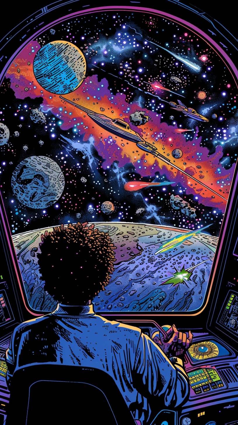 Retrowave, comic book style, comics, comic strip panel, Philippe Caza, Rodney Matthews, afrofuturism, entropy, inside of a spaceship looking out as the stars and galaxies go by, navigating through an asteroid field, turbulence, cosmic chaos, black people space crew, colorful, blacklight colors, black outline, 300 dpi