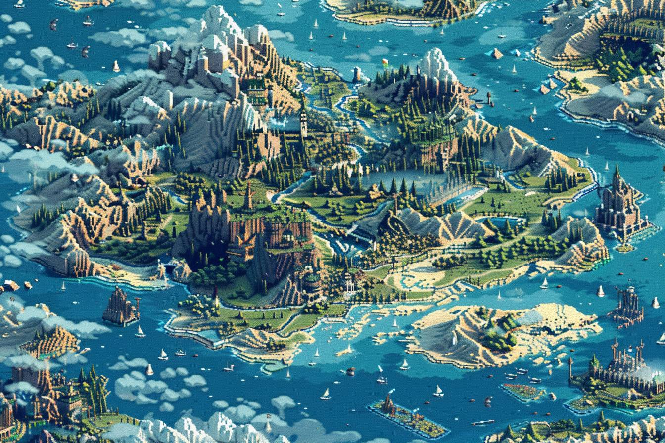 デジタルドット絵で描かれたファンタジー王国の詳細な地図、海の青と森の緑のピクセルを使用した--スタイルの素材。