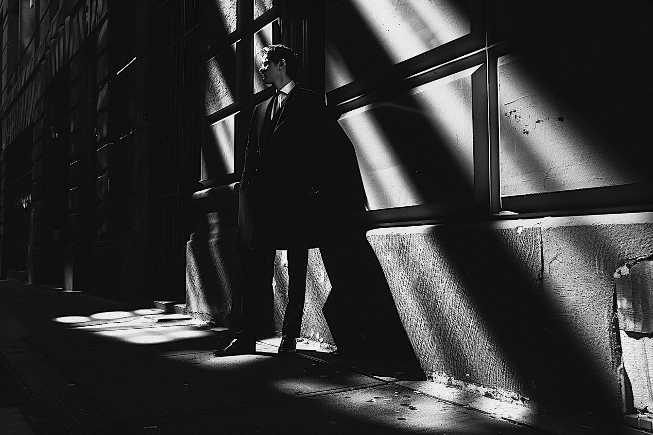 A black and white photograph of [SUBJECT], in the style of street photography, with light projections casting bold shadows. The contrast between his /her dark attire and the stark background creates a striking visual impact. His / her pose is dynamic yet confident, embodying strength amid simplicity, buildings, wide angle --ar 3:2  --v 6.0.