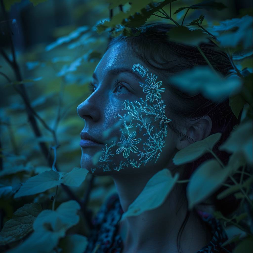 Portrait of a serene woman in a mystical forest at blue hour, surrounded by lush, vibrant green foliage, with intricate patterns of bioluminescent plants like Mycena chlorophos mushrooms and Dinoflagellate algae etched onto her skin, ethereal blue glow on her, contemplative and peaceful expression, harmonious connection between humanity and nature, enchantment and otherworldly beauty atmosphere, sharp focus on the woman and a blurred background.