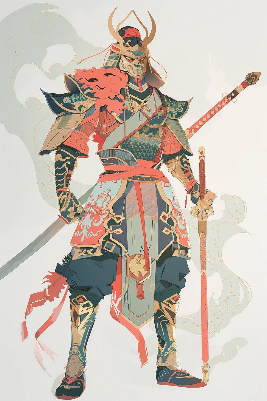 In style of Hsiao Ron Cheng, warrior character, full body, flat color illustration