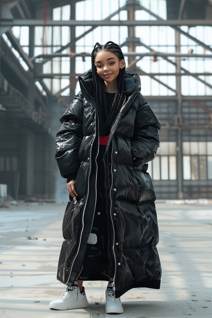 A model wearing an extremely long black puffer coat with hood, full body shot, oversized and boxy style for the jacket design, material exciting pattern in a style of stone island and white sneakers, She is smiling at the camera, background a wide open industrial futuristic interior, Sunny Daylight, editorial picture, hyper realistic.