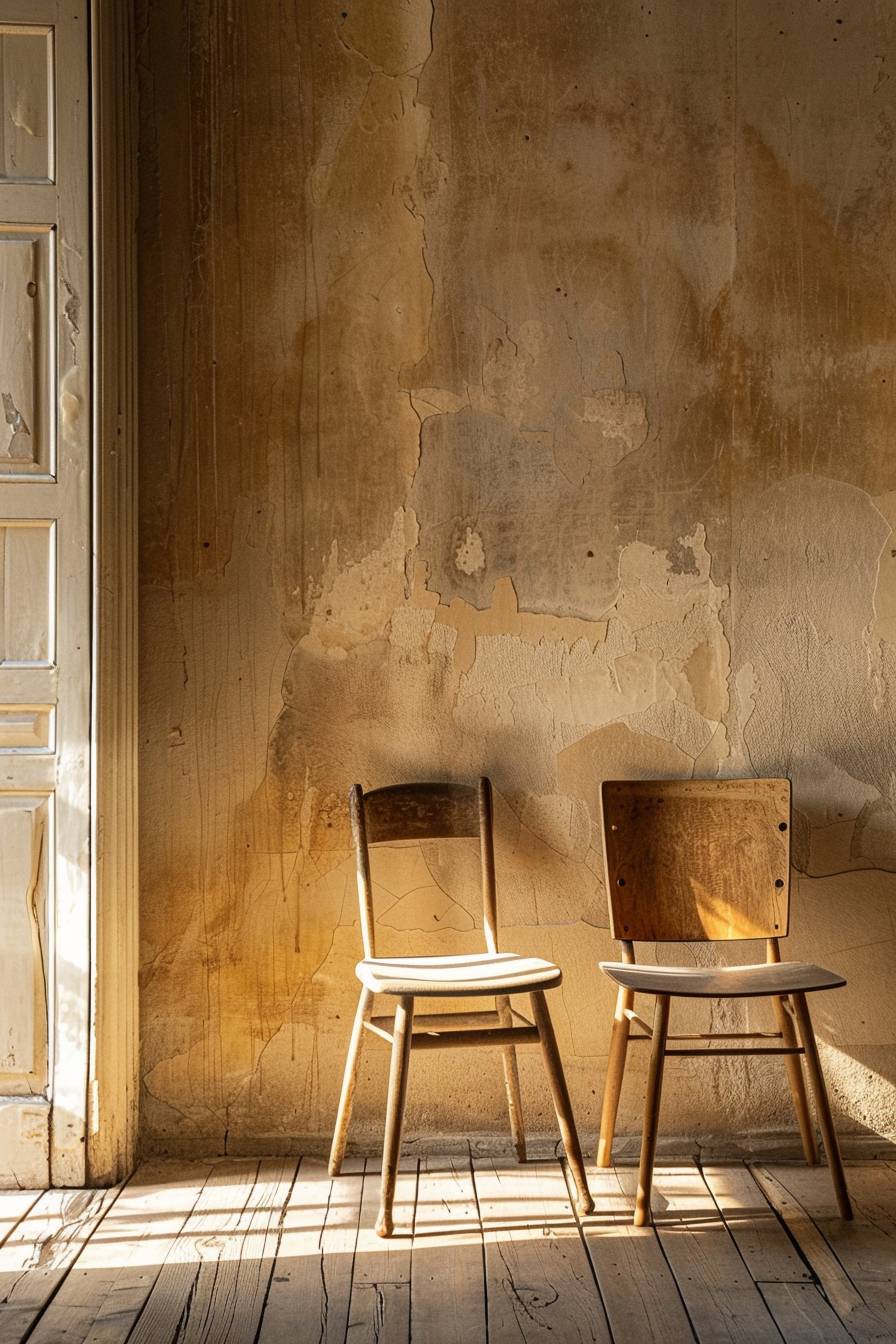 Two chairs in a room, in the style of rustic textures, light brown and light amber, Paul Strand, traditional British landscapes, traditional-modern fusion, Eero Saarinen, high resolution