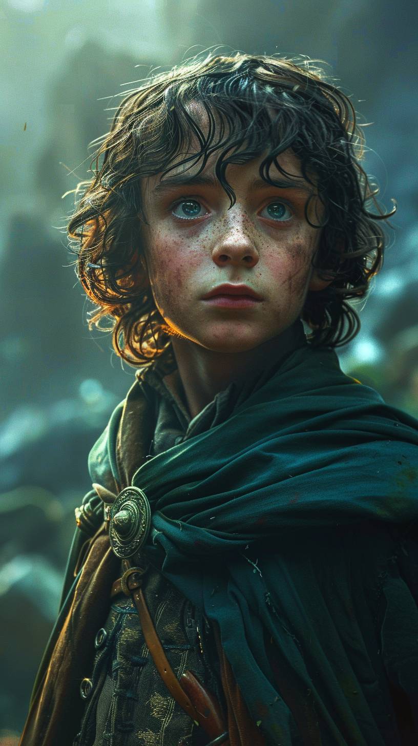 Frodo from the Lord of the Rings movies, in an action cinematic scene, in the style of Studio Ghibli directed by Hayao Miyazaki