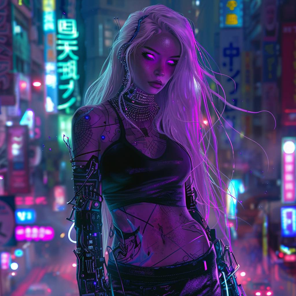 A cyberpunk witch, a modern-day sorceress of the digital age, stands in a bustling cityscape, her body adorned with intricate tattoos and metallic circuitry. Her long, white hair flows down her back, a stark contrast to the neon glow of the city lights that reflect in her piercing, purple glowing eyes. Her outfit is a combination of high fashion and cybernetic enhancements.