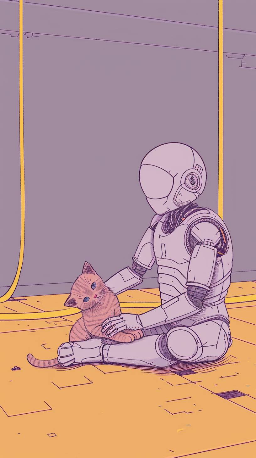 シンプルなデザインの絵で、薄い紫色の背景に黄色の線があり、中央には可愛らしい小さなディストピアロボットが地面に座り、子猫を撫でています。