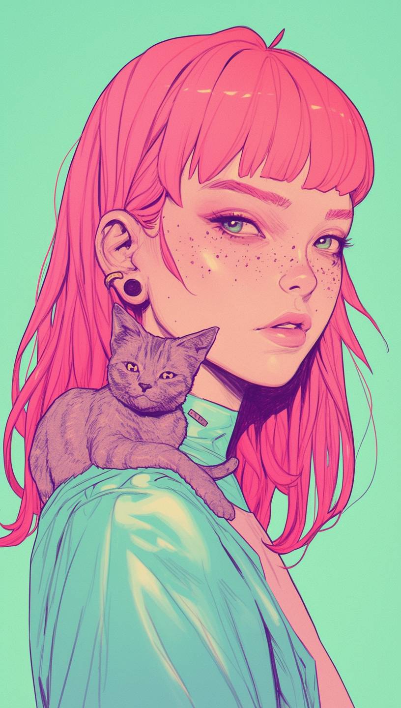 An illustration of a quirky girl with pink hair, in the style of Flat shading, inspired by Gemma Correll, with freckles and a cat on her shoulder, photo-manipulated, belonging to the cyberpunk genre, in a pastel green color.