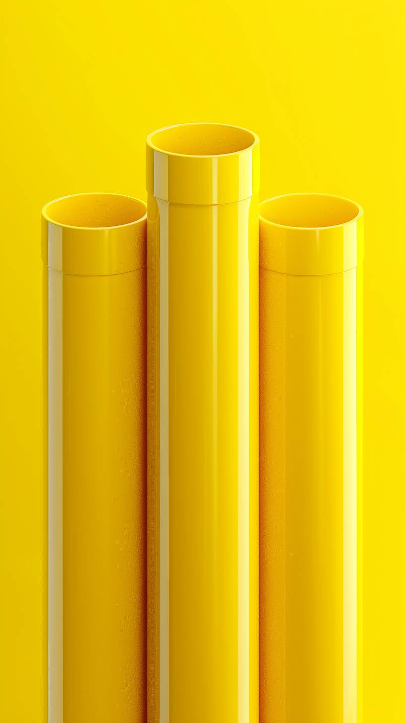 Three yellow plastic pipes, 3D, Pixar style, made of plastic, cartoon style, simple shape, solid yellow background