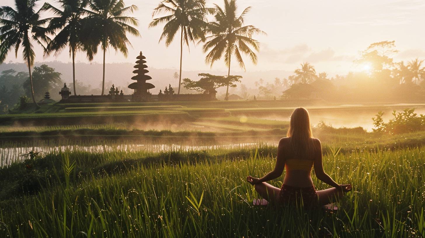 A lone woman is practicing yoga. Serenity and focus. Lotus position. Bali retreat. Dawn in 2000. Rice fields, palm trees, a distant temple. Wide shot, full body. Captured with a Canon EOS 3, Kodak Ektar 100 film. First light of the day, dew on the grass, vibrant colors.