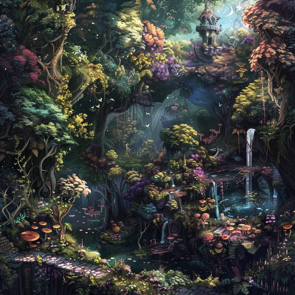 Explore the 'Enchanted Enclave' with [SUBJECT], a hidden sanctuary where [COLOR1] flora and [COLOR2] fauna coexist in perfect harmony, creating a magical realm untouched by time.
