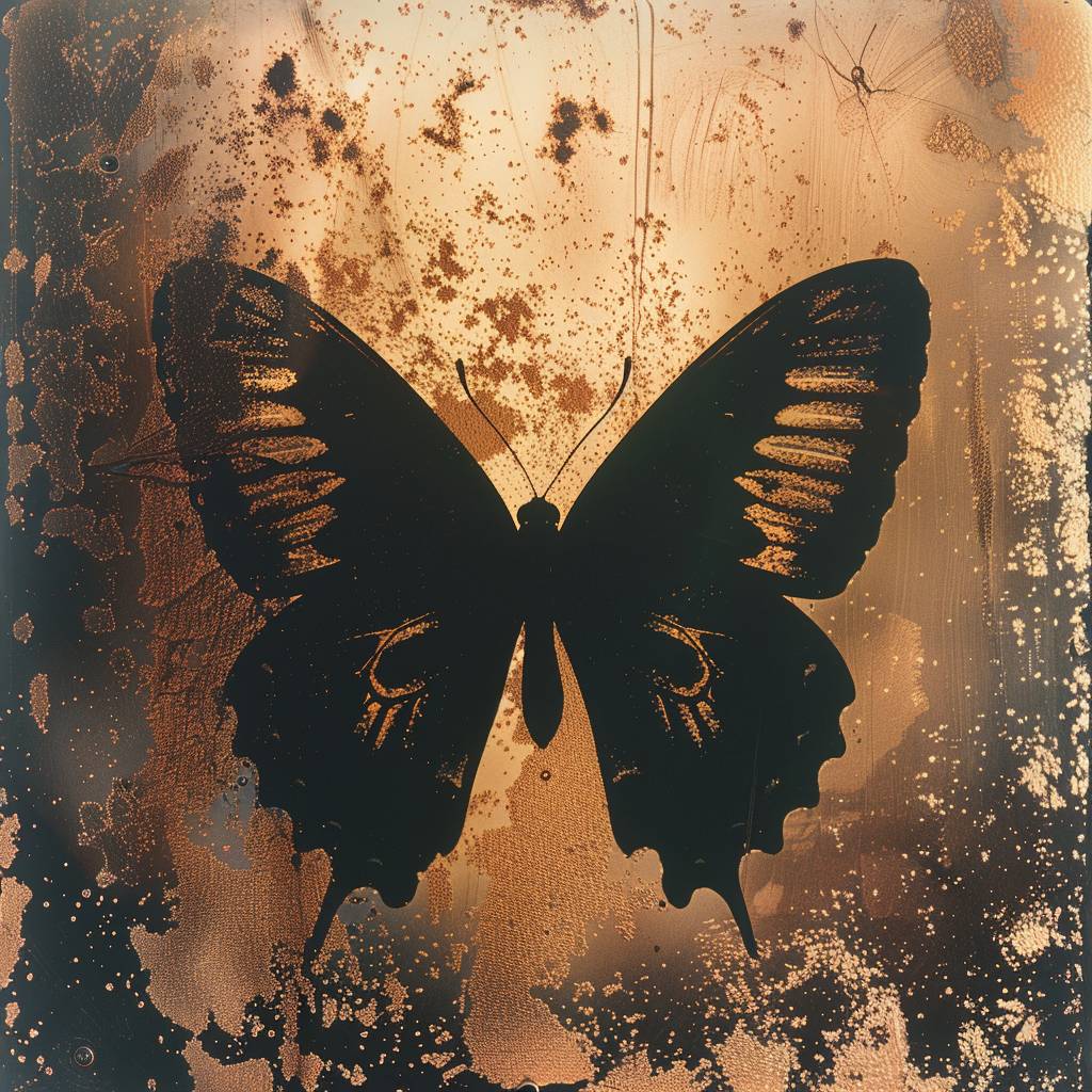 A rose gold and silver psychedelic background with a black silhouette of a butterfly, in the style of polaroid photography, bulb photography, flash