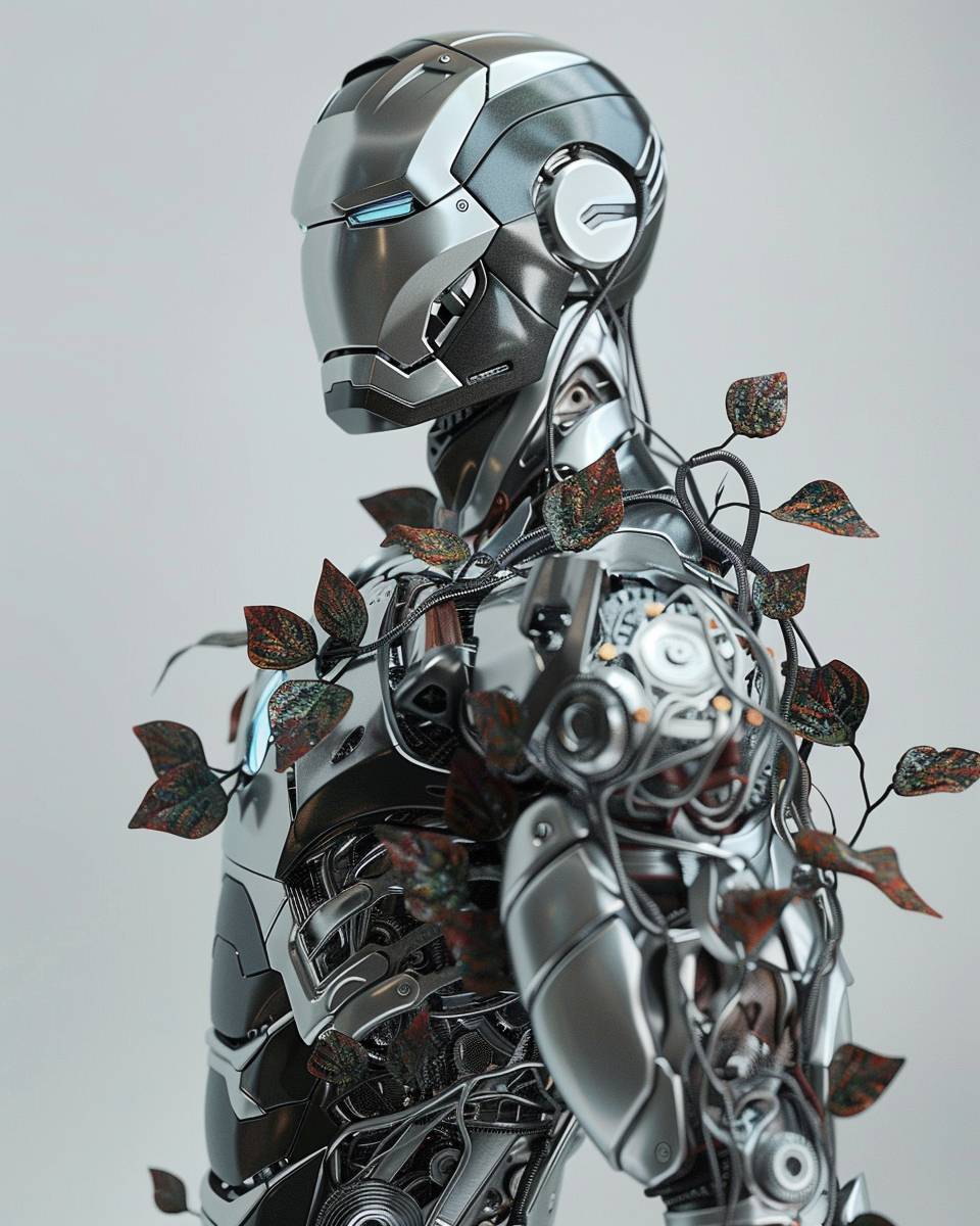 Biomechanical Iron Man, blending organic and robotic elements, with metallic leaves, gear-driven stems, detailed --ar 4:5 --v 6.0