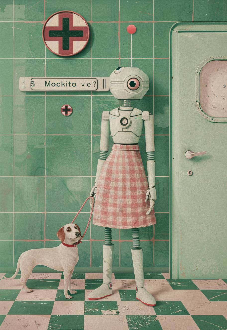 Surrealistic cut and paste collage in the style of Wes Anderson depicting a female robot with one large eye wearing a skirt standing on a checkered floor holding the leash to her dog who is half robotic and half natural looking animal in an old green hospital room, with pastel colors and a red cross sign hanging from the wall behind the subject. Showing a full body view.