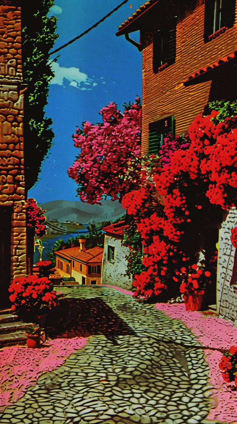 春のトスカーナの風情ある村、咲き乱れる花々、石畳の道、絵のような家々、温かく魅力的な雰囲気。