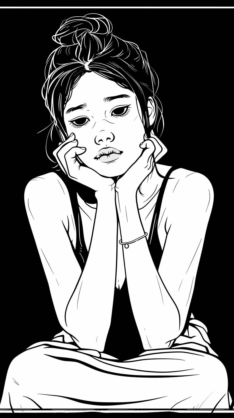 Coloring picture of a sad Asian woman thinking of something on a black background, cartoon style with clear borders.