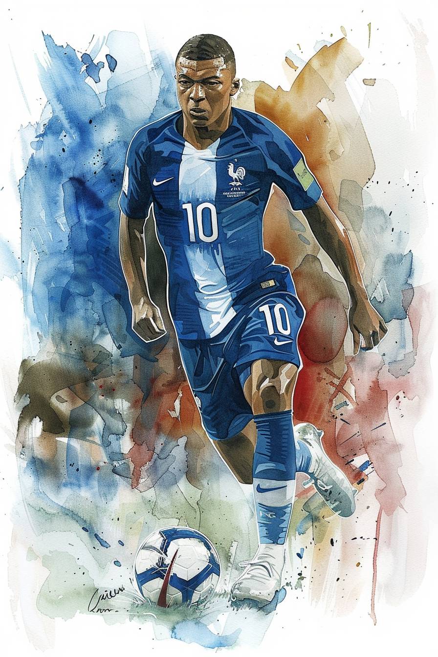 キリアン・エムバペがフランス代表ユニフォームの10番でサッカーをプレイしている、水彩スケッチ