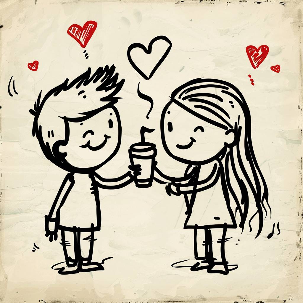 手描きの漫画風の2D スティックフィギュアで、飲み物を共有する恋人カップルを詳細に描いた作品です。ハートも含まれています。高品質です。