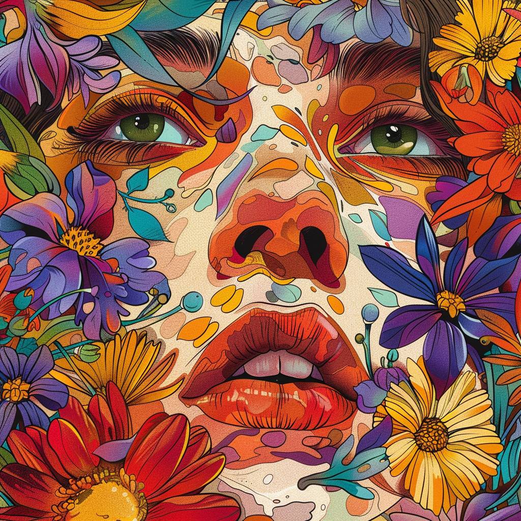 Boho style wall art, close up of [SUBJECT]'s face, surrounded by colorful flowers, hippie aesthetic, digital illustration --v 6.0