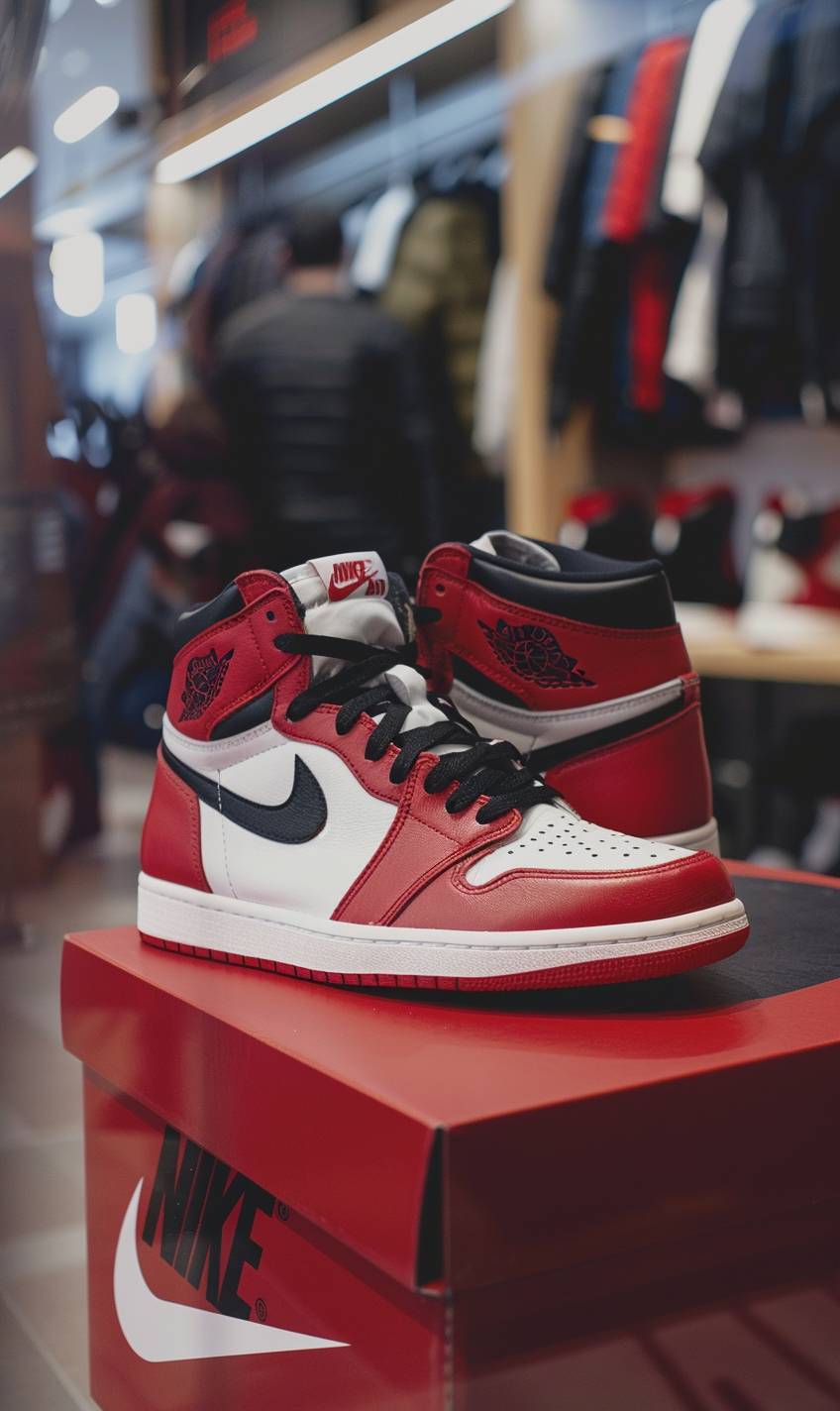 高級スニーカーAir Jordan 1を作成し、それらはナイキのボックスから取り出されており、友好的な雰囲気のスニーカー専門店にあります。Panasonic Lumix S Pro、50mm F/1.4、精密なリアリズム。