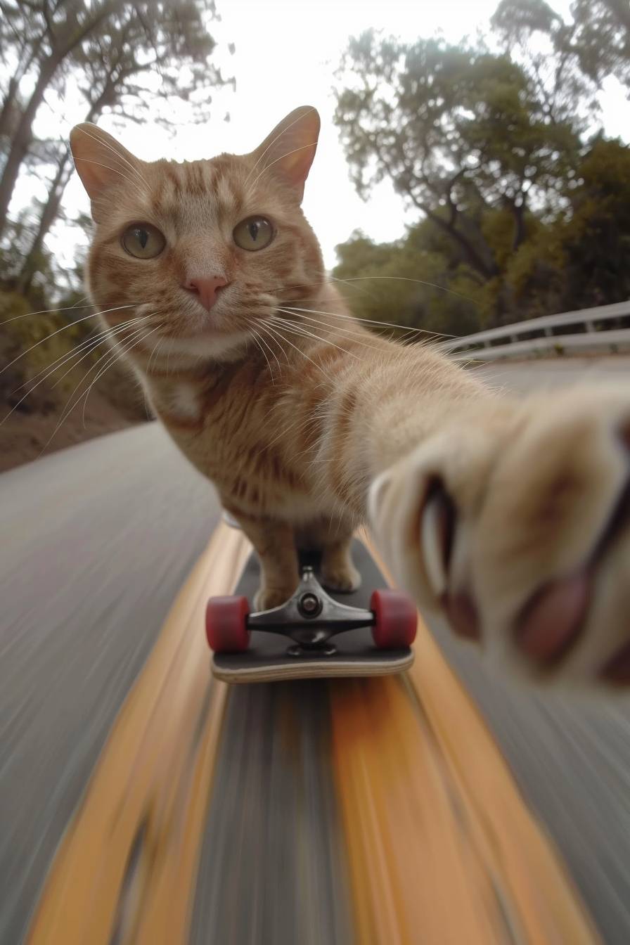 猫の動画からのスクリーンショット、猫がスケートボードに乗っていて、全ての足がボードの上にあり、中程度の動きのぼかし、写実的、GoProで撮影、低画質画像。