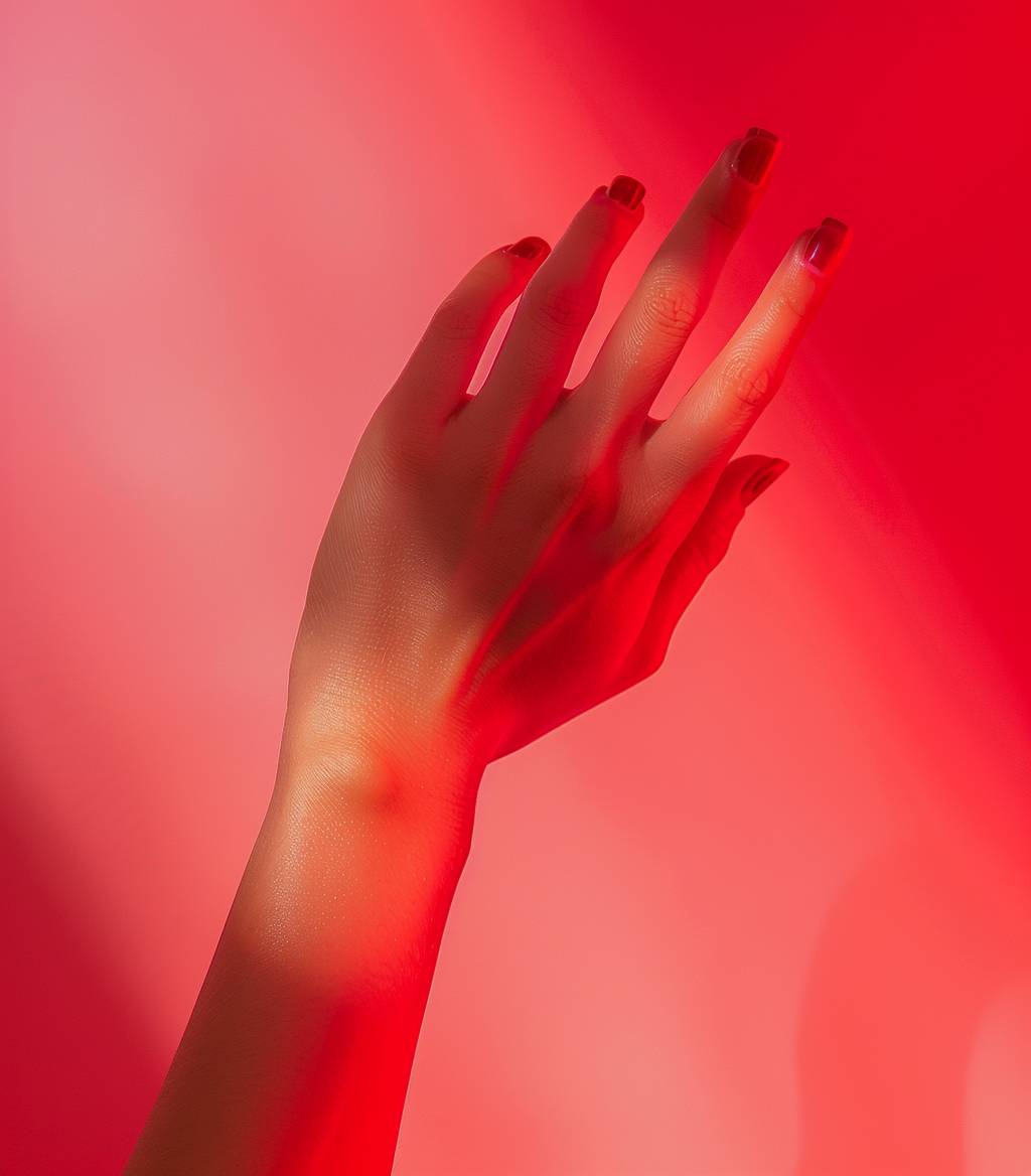 Photograph of a hand, plain bright background, minimalist, product mockup, vibrant and sharp, in a studio, studio lighting, Canon EOS R5