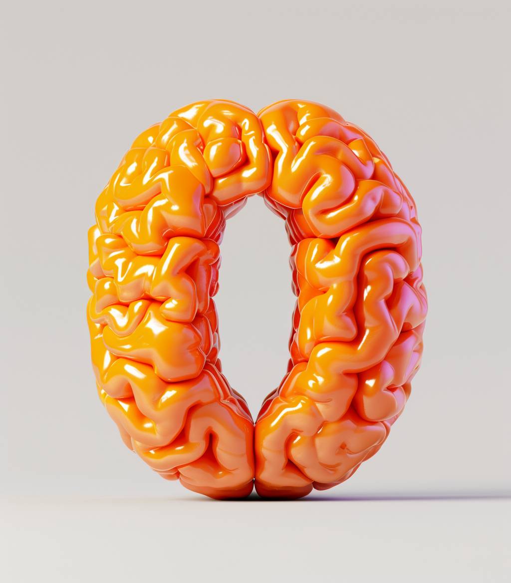 Letter 'O' designed in brain shape, on plain bright color background, Pixar style, smooth 3D, realistic style, made bright and shiny.