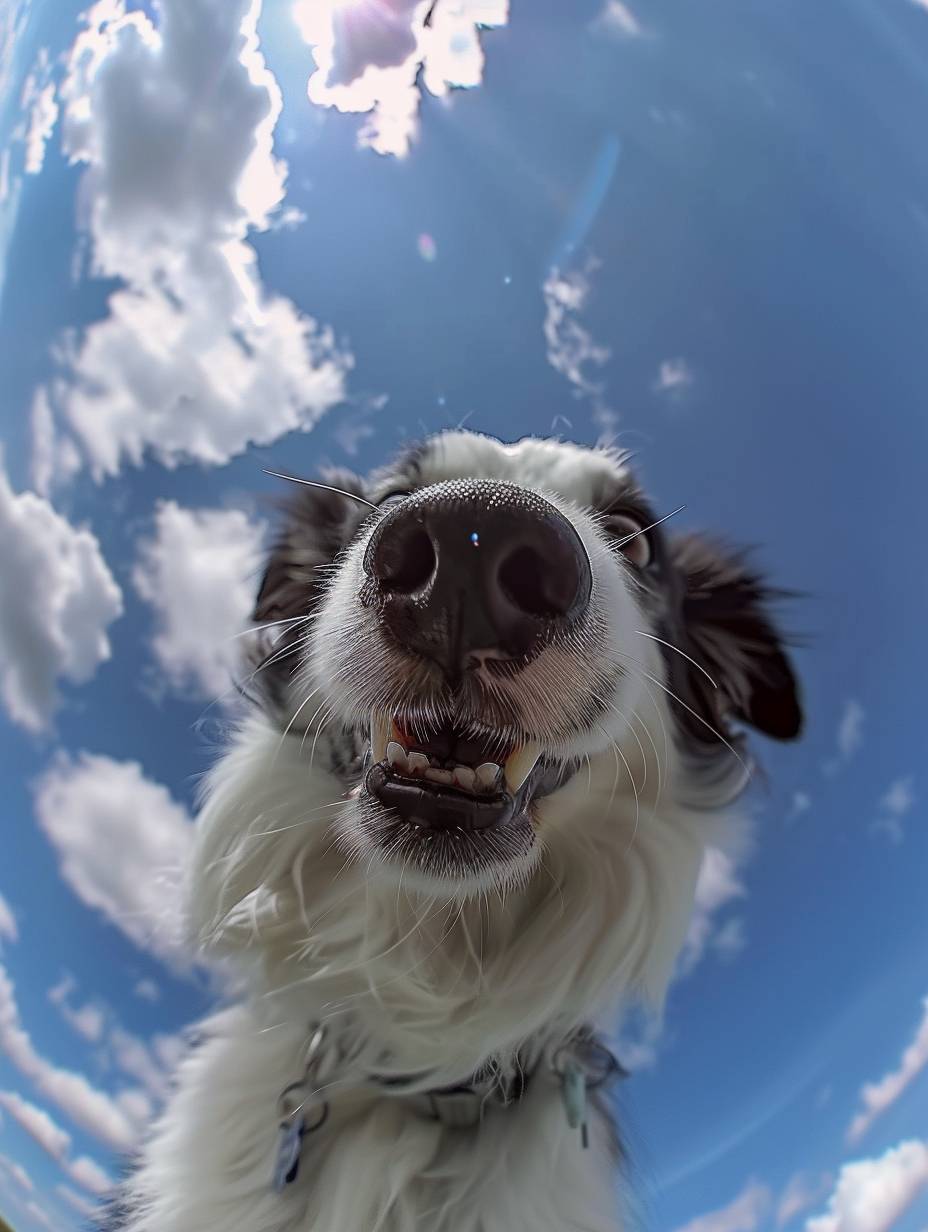 GoPro footage of a cute white and black Border Collie skydiving. Chubby, cute, furry, smiling, fluffy fur, and wide open eyes, looking up at the camera. Clear skies with white clouds in the background. Filmed with a fisheye lens, featuring a 3D character and Pixar animation style with a touch of minimalism.