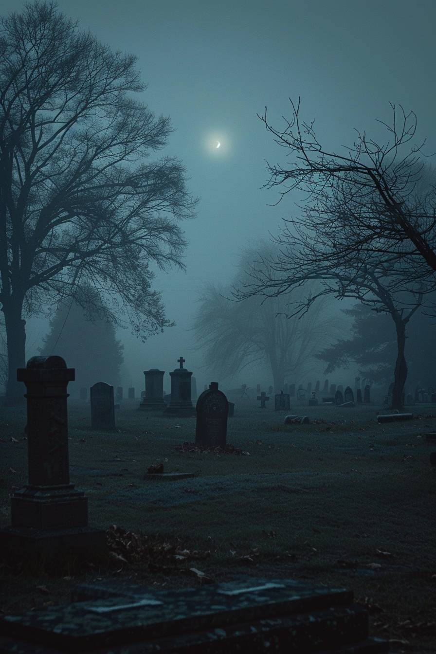 In the style of Akos Major, a haunted graveyard on a foggy night