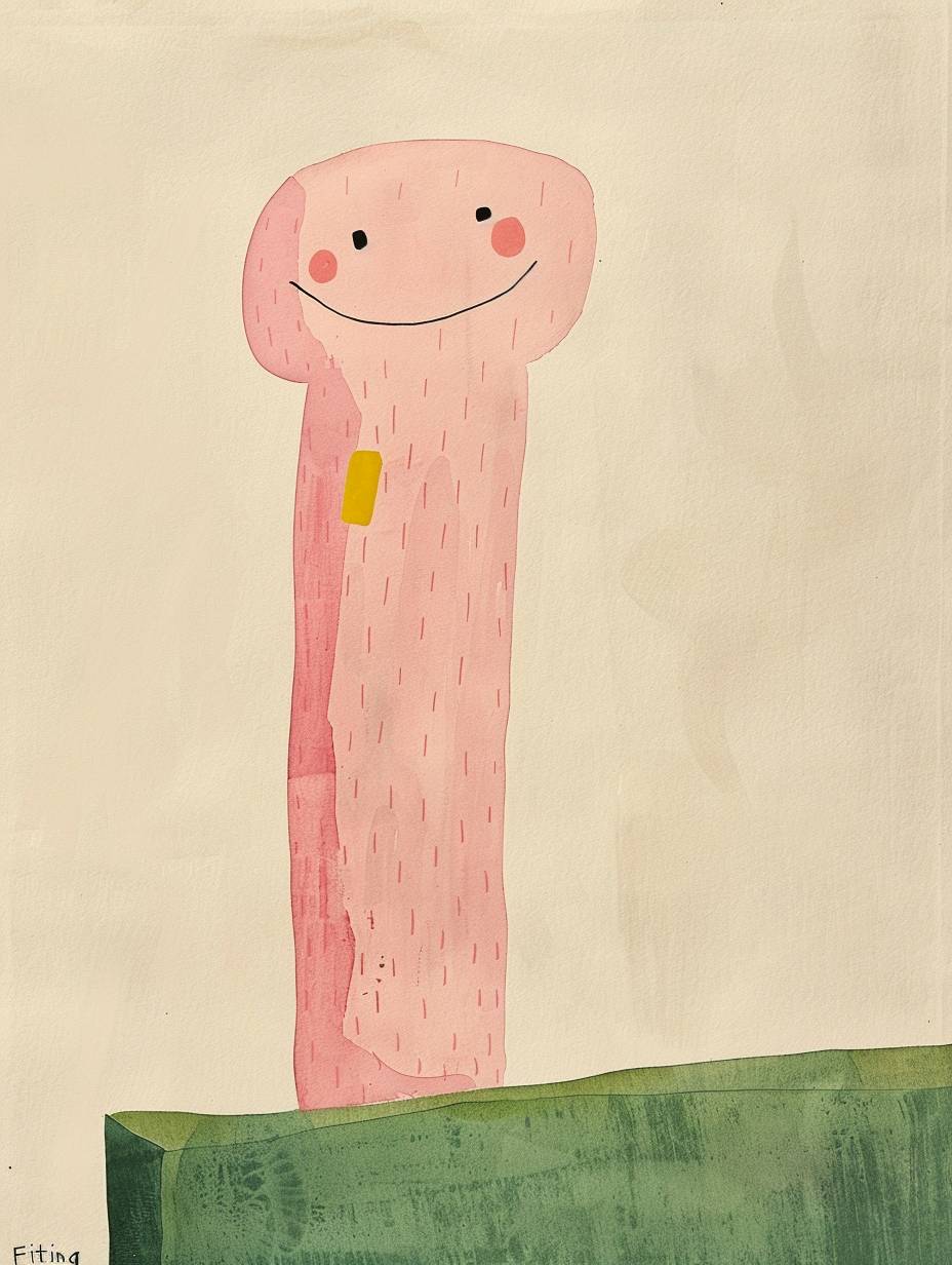 A cute pink creature with a long body and a yellow smiley face, standing on a green bar in the style of Jon Klassen's book 'Fitting', a simple minimalistic drawing with a white background and simple shapes in pastel colors.