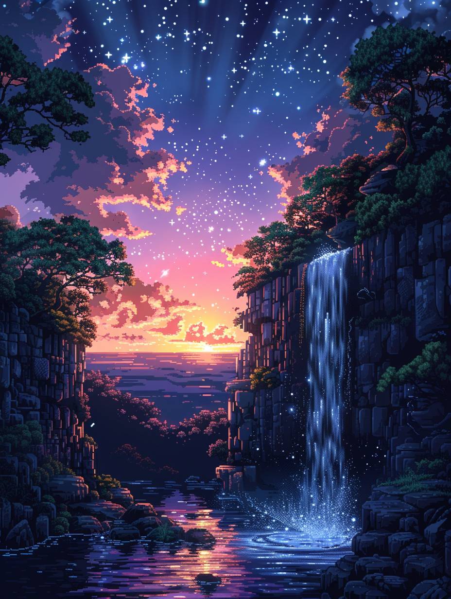 Late at night, the sky is dark, On the high cliff, the water flows like a plunging waterfall, with a momentum as if it were three thousand feet high, one can't help but wonder if this is the Milky Way cascading down from the heavens to the earth. best quality, pixel style cartoon, lines, 8k resolution -- aspect ratio 3:4 -- stylize 750 -- image width 1.5 -- speed 6.0