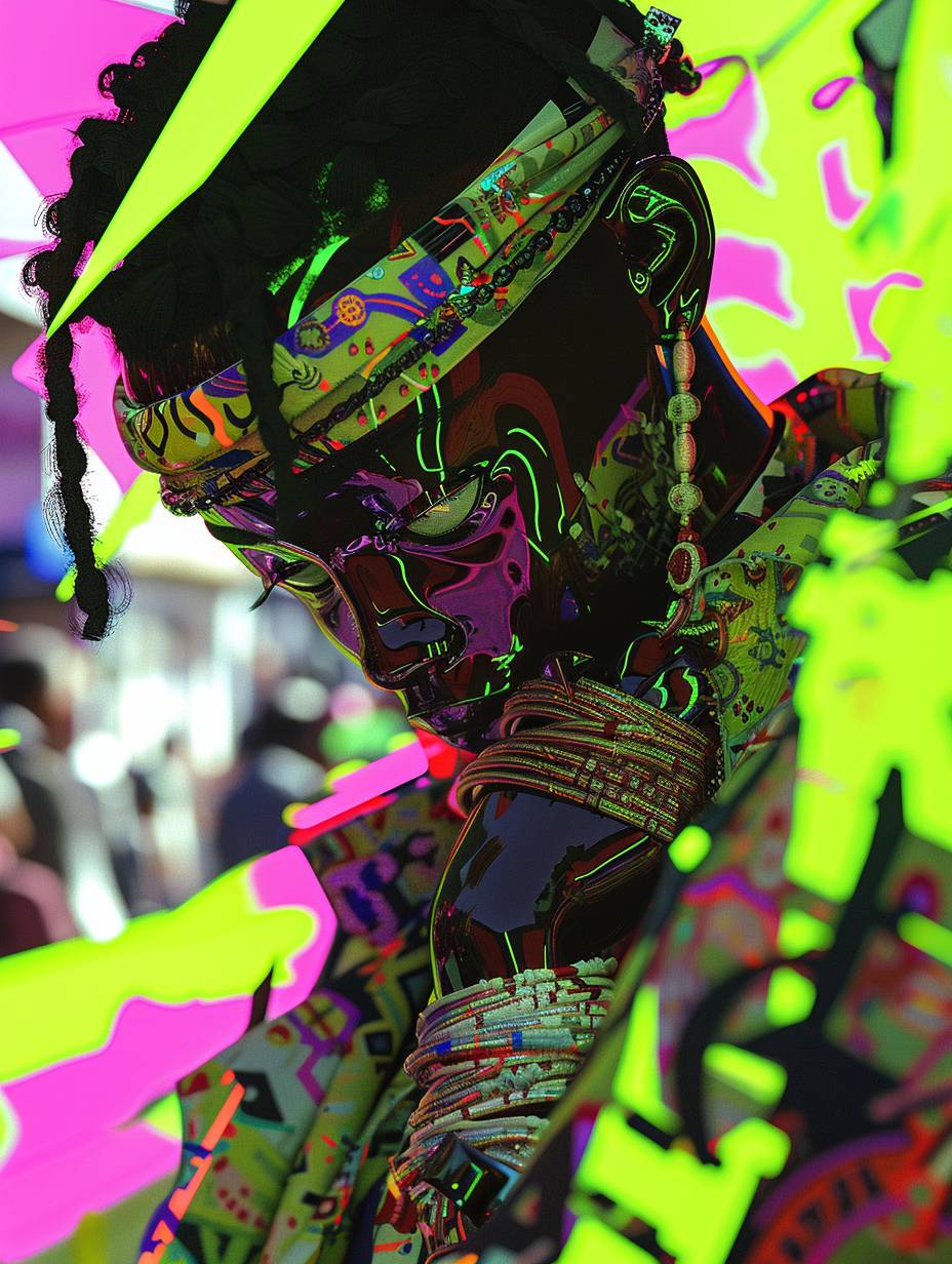 Cyberpunk witch, neon colors::1.5 with natural skin tones/textures::1.3 extreme technological advancement, intricate textures and depth, 35mm lens, ethereal lighting, unnatural balance of dark and light elements::1