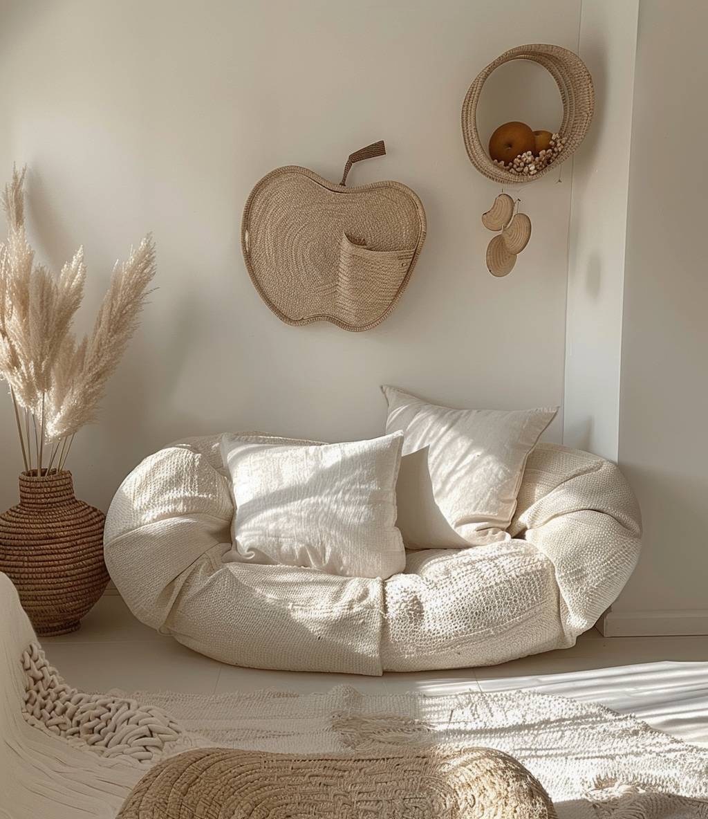 A large wicker wall basket in the shape of an apple, with big open pockets for hanging on the wall. The basket is made from natural rattan material and has a rough texture. It is a cute product photo for decor. Soft neutral colors including light beige and cream in the style of boho style.
