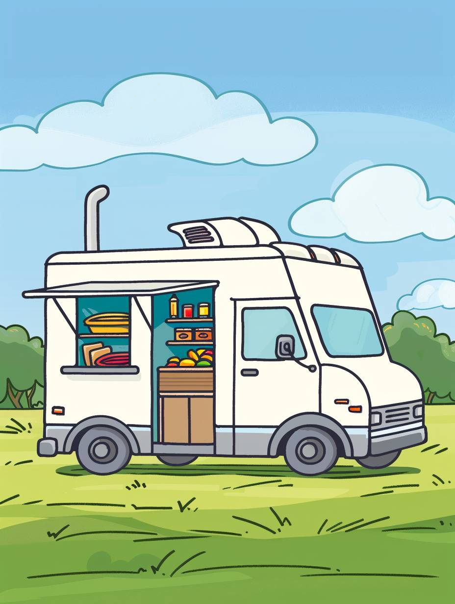 A simple cartoon drawing of an open food truck on grass, with the door open and shelves filled inside, set against a blue sky and white clouds. The background is a green meadow, with some trees in soft focus to add depth. There is no text or characters visible, focusing solely on the scene. It has bold outlines for clear definition, with a flat color scheme to emphasize simplicity. This design would be suitable as clipart, featuring clean lines and flat colors in the style of a simple cartoon.