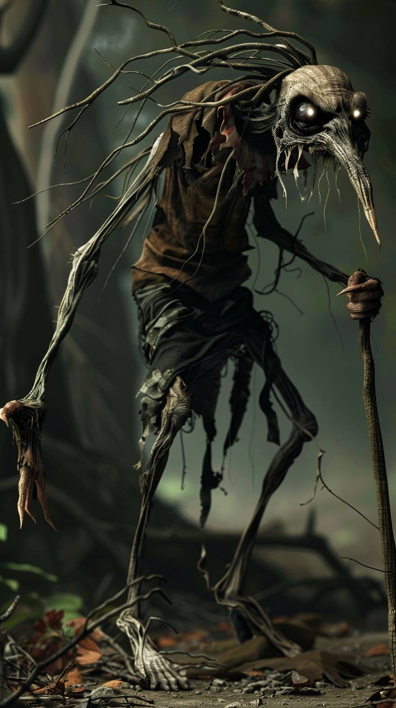 Draw Fiddlesticks the ancient fear in hyper realistic 3D, photo realistic, dark, scary, eery, creepy