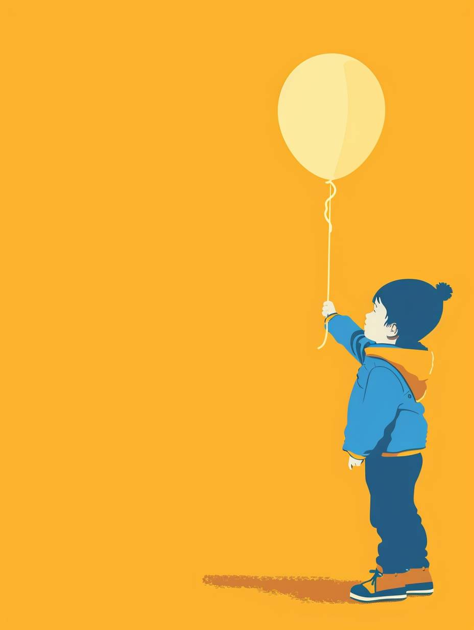 風船を持った小さな男の子のイラストスタイルで、画面の色は黄色と青色の二トーンを使用して、シンプルで明るくかわいいスタイルを作り出します。