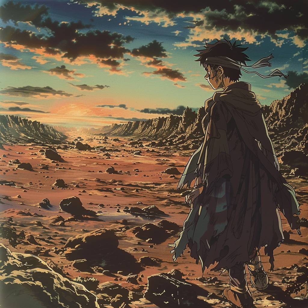 1990's anime still, Brave teenage boy with a headband, wearing a tattered cloak, walking through a desolate wasteland, dramatic sunset lighting, high angle, retro anime, 90s animation, high resolution