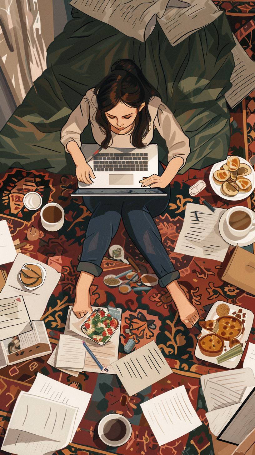 A girl sitting on a carpet with a laptop, writing an email, surrounded by papers, plates with leftover food, cups of coffee, illustration by Erzhe, 2d vector style