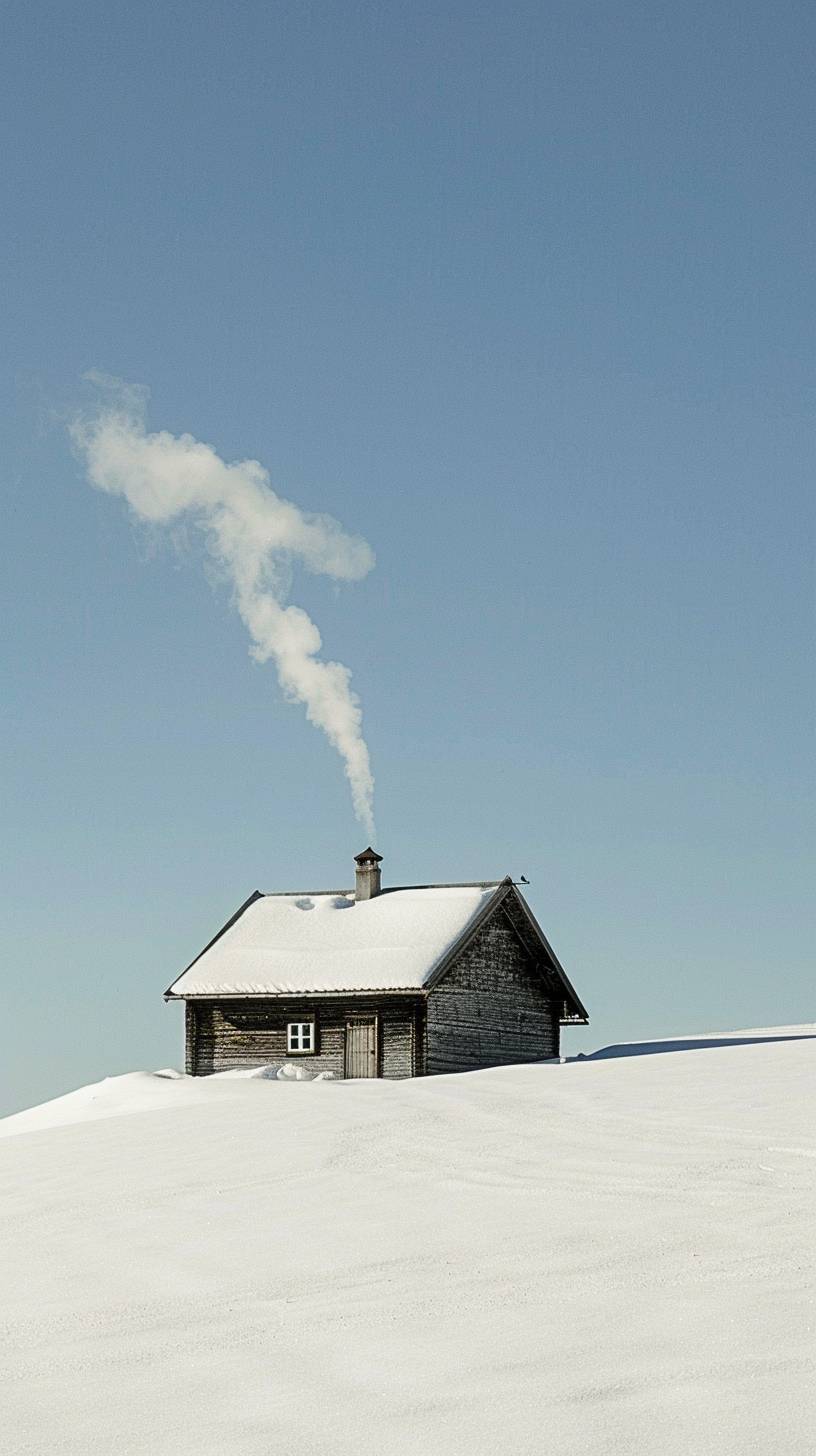 A cozy, snow-covered mountain cabin, with smoke rising from the chimney, surrounded by a peaceful winter landscape.
